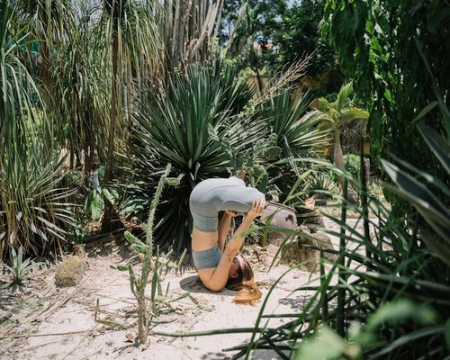 Woman doing gentle yoga stretches outdoors